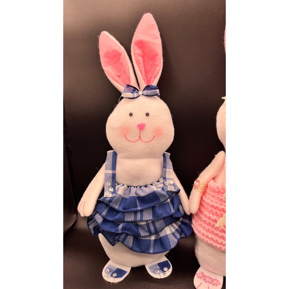 Easter Bunny Plush Trio Set White Rabbit Figurines Blue Pink Plaid Gingham Decor - Picture 3 of 5